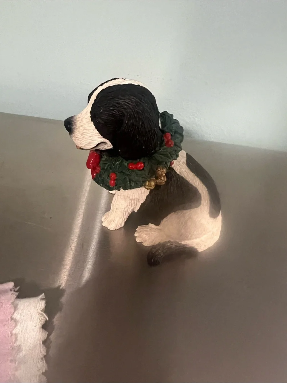 Silver Deer Christmas Black and White Puppy Figurine with Red Wreath